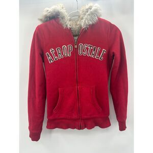 Vintage Aeropostale Red Fur Lined Zip Up Hoodie Size M Spellout Y2K Flawed